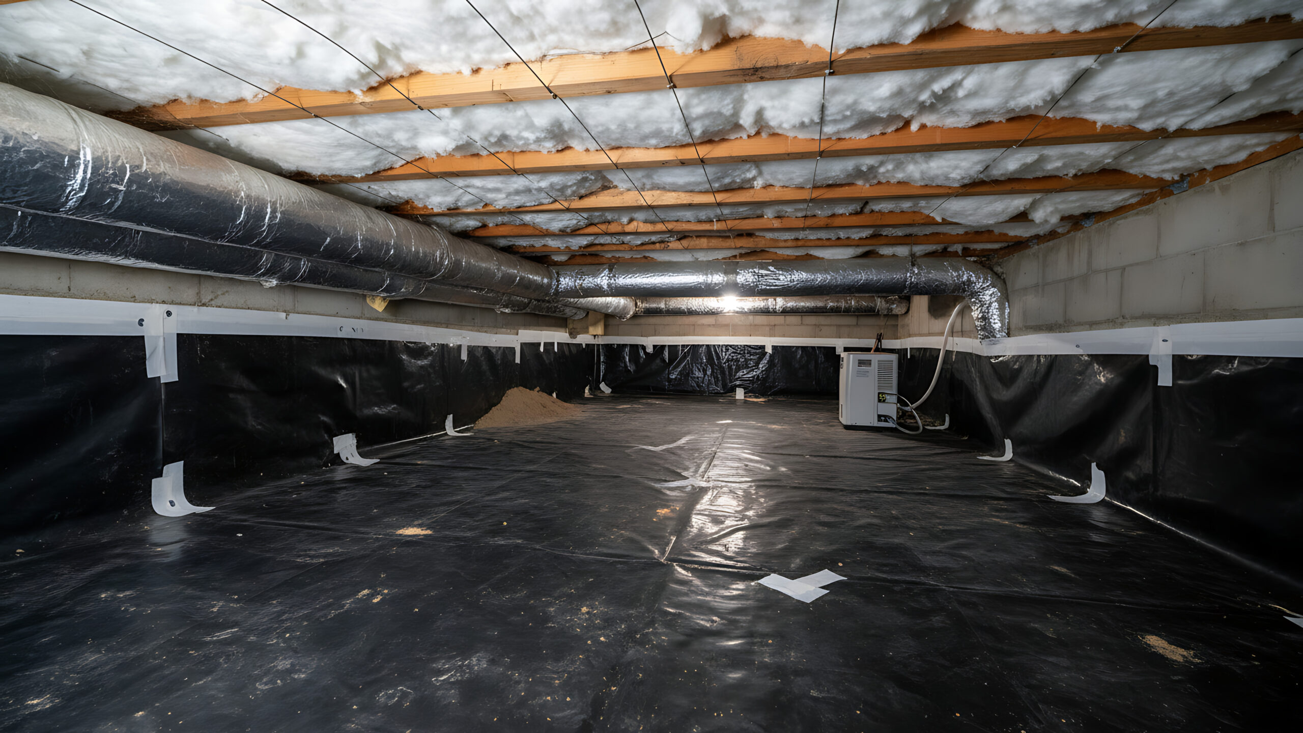 Empty crawl space with insulation and pipes