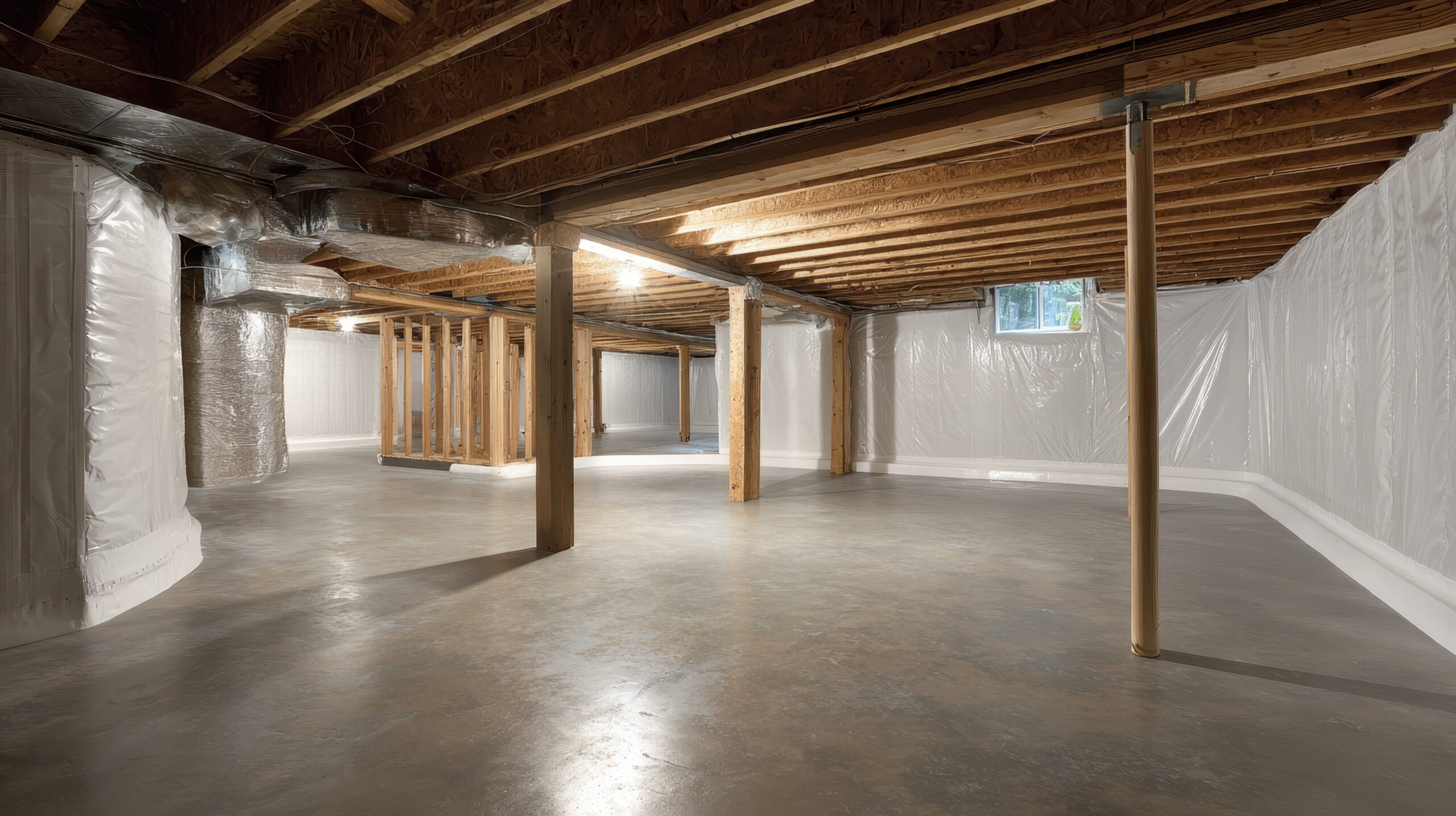 Clean, unfinished basement with exposed beams.